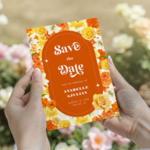 Invitación Retro Groovy Vibrante Naranja amarillo Boda floral