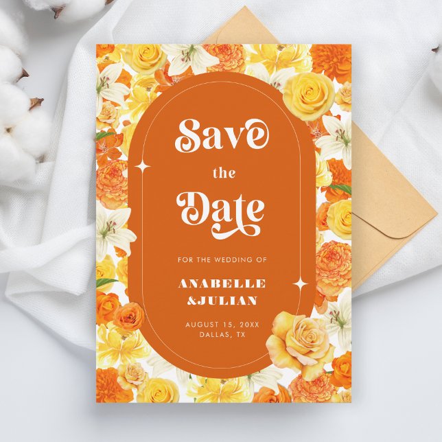 Invitación Retro Groovy Vibrante Naranja amarillo Boda floral (Subido por el creador)
