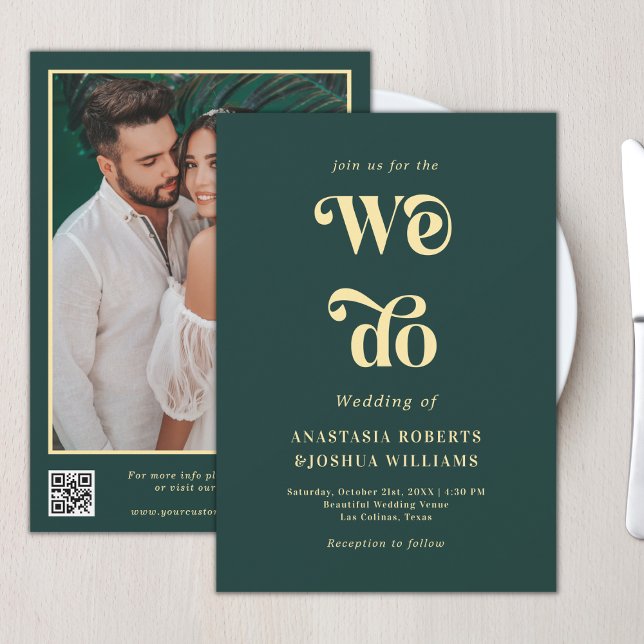 Invitación Retro Hacemos Boda de código QR verde esmeralda y  (Subido por el creador)