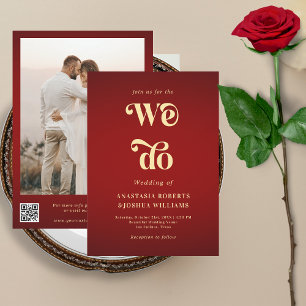 Invitación Retro Hacemos Crimson Red Gold Boda de código QR d