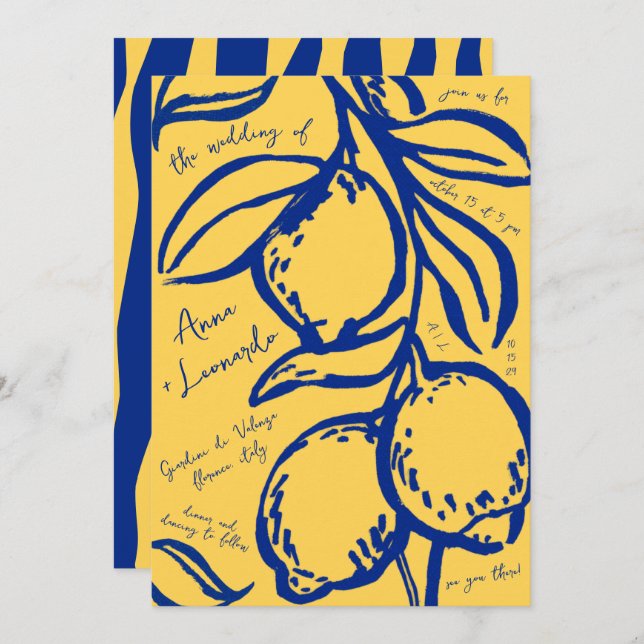 Invitación Retro Hand Drawn Handwritten Blue Italian Wedding (Anverso / Reverso)
