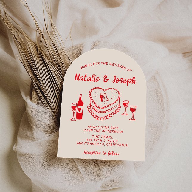 Invitación Retro Hand Drawn Red Cake Modern Arched Wedding (Subido por el creador)