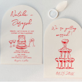 Invitación Retro Hand Drawn Red Cake Unique Arched  Wedding