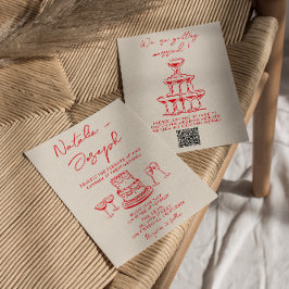 Invitación Retro Hand Drawn Red Cake Unique QR Code Wedding
