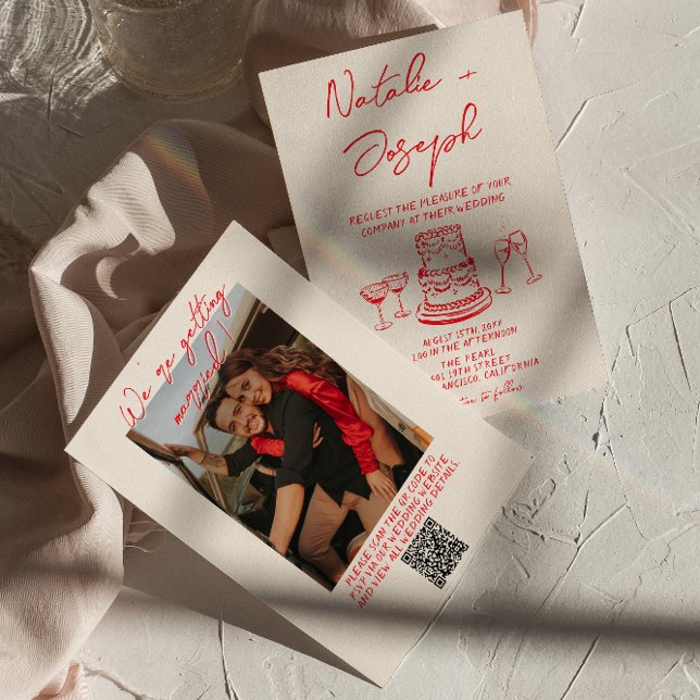Invitación Retro Hand Drawn Red Unique QR Code Photo  Wedding (Subido por el creador)
