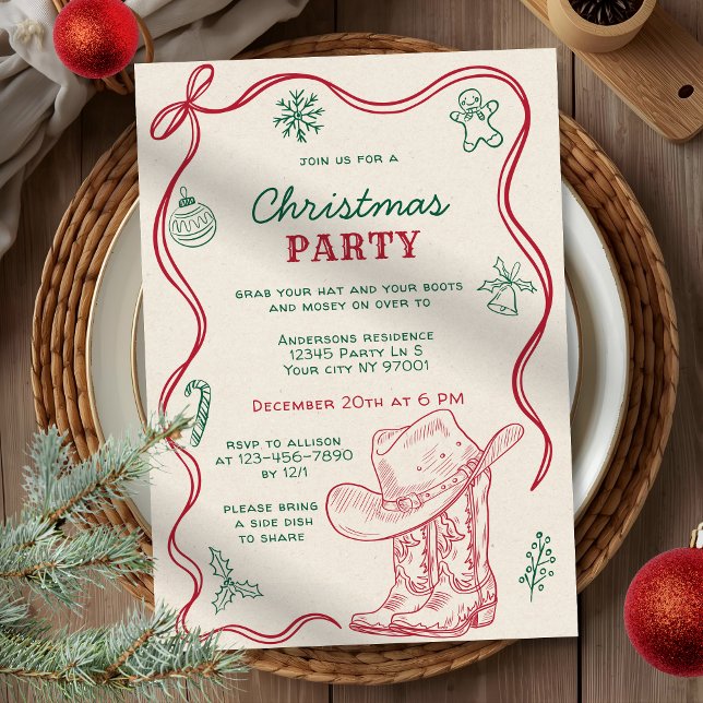Invitación Retro Hand Drawn Western Cowboy Christmas Party (Subido por el creador)