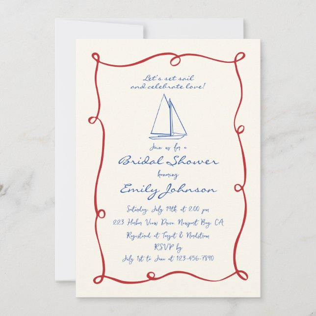 Invitación Retro Hand Escrito Nautical Sailboat Bridal Shower (Anverso)