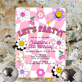 Invitación Retro Happy Smile Face Pink Checkered Fun Cumpleañ