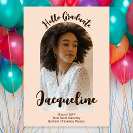 Invitación Retro Hello Graduado 2025 Peach Script Arch Photo