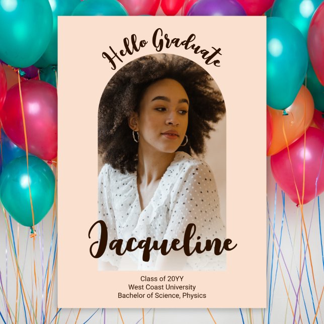 Invitación Retro Hello Graduado 2025 Peach Script Arch Photo (Subido por el creador)