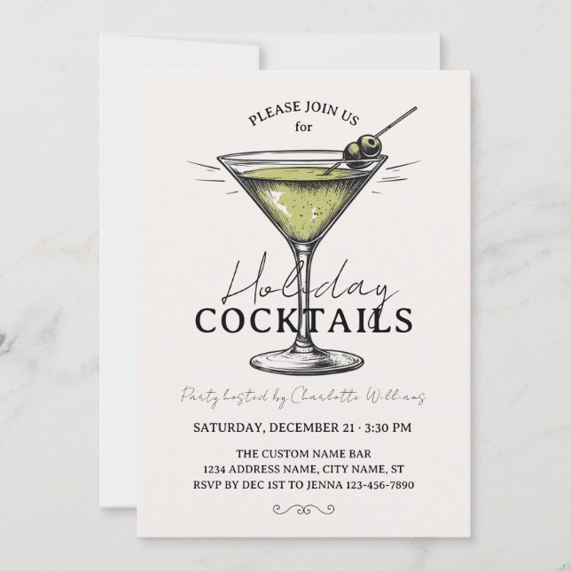 Invitación Retro Holiday Cocktails Drinks Christmas Party (Anverso)