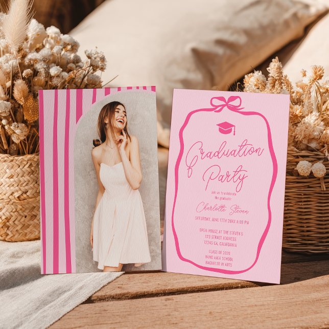 Invitación Retro Hot Pink Coquette Bow photo graduation (Retro Hot Pink Coquette Bow photo graduation Invitation)