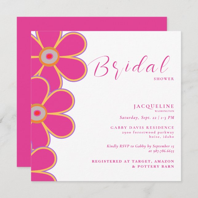 Invitación Retro Hot Pink Floral Square Shower (Anverso / Reverso)