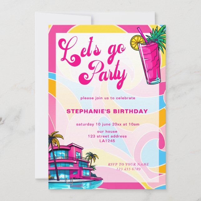 Invitación Retro Hot Pink Vamos Fiesta Cumpleaños (Anverso)