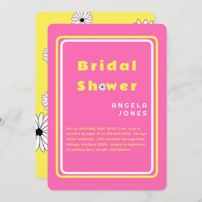 Invitación Retro Hot Pink/Yellow Daisies Bridal Shower Invi (Anverso / Reverso)