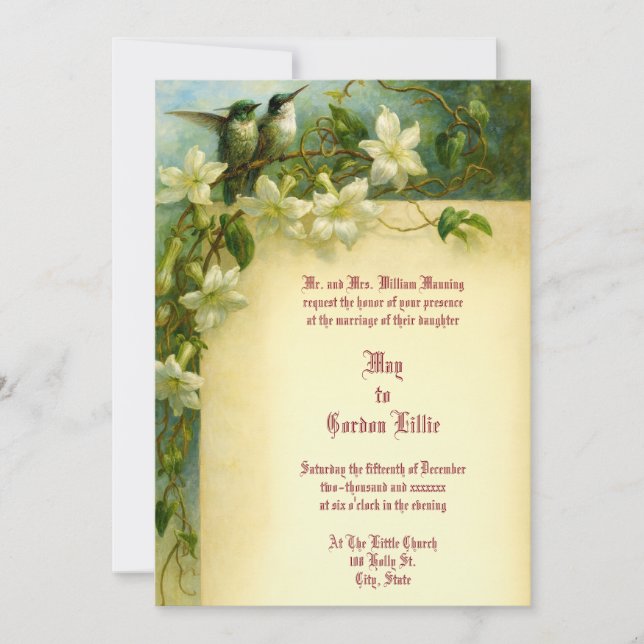 Invitación Retro Hummingbird Pair Floral Wedding (Anverso)