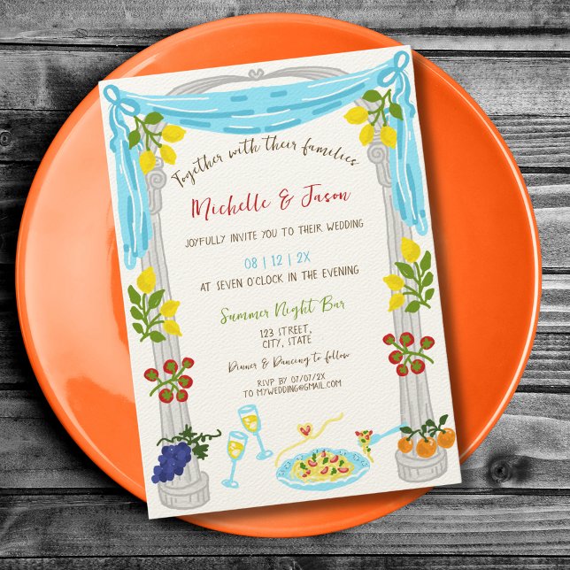 Invitación Retro Italiano Mano de diversión captada foto de l (cute whimsical quirky italian wedding)