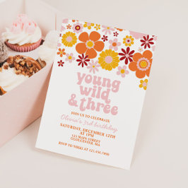 Invitación Retro Joven Salvaje Tres Floral 3er Cumpleaños