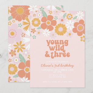 Invitación Retro Joven Salvaje Tres Floral Cumpleaños 3rd