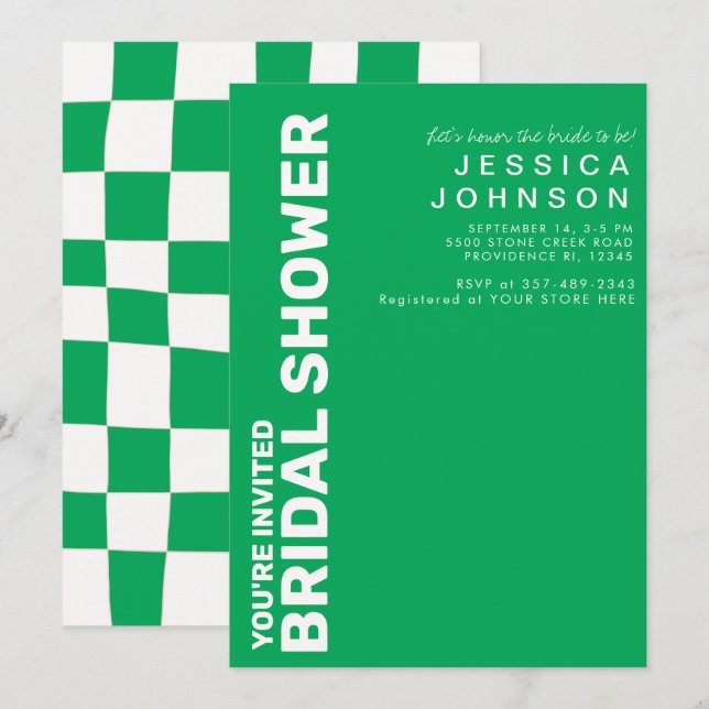 Invitación Retro Kelly Green Checkerboard Brillante (Anverso / Reverso)