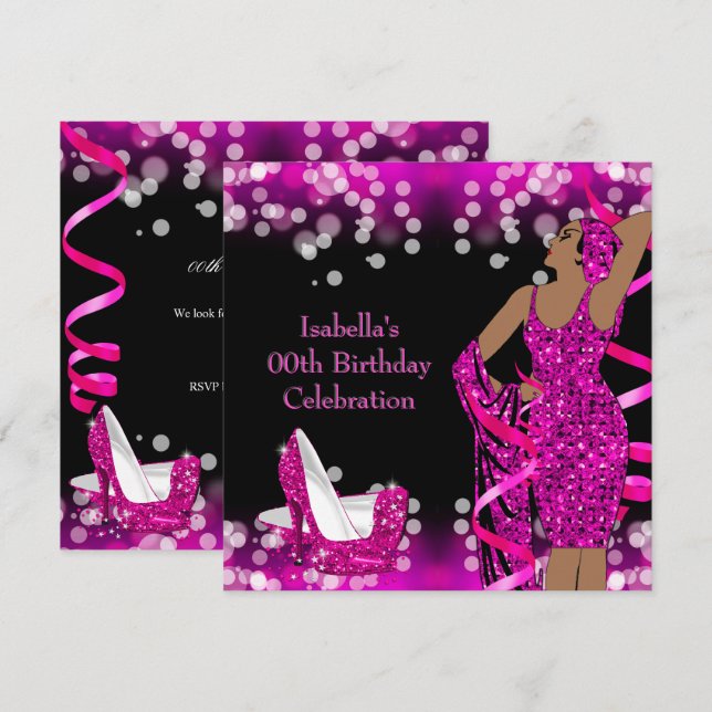 Invitación Retro Lady Hot Pink Purpurina High Heels Cumpleaño (Anverso / Reverso)
