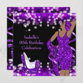 Invitación Retro Lady Purple Purpurina High Heels Cumpleaños