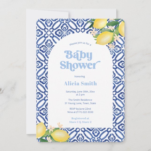 Invitación Retro Lemons Blue Tiles Boy Fiesta de Baby Shower (Anverso)