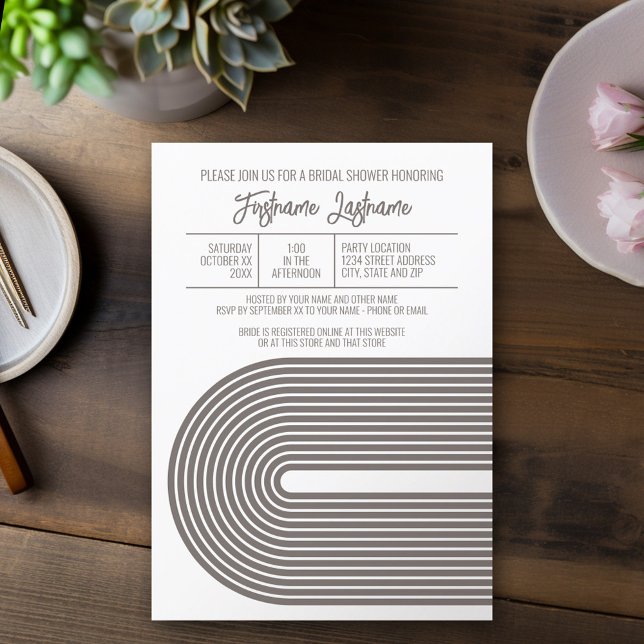 Invitación Retro Line Art Bridal Shower Fiesta Champagne Colo (Mod, Modern Bridal Shower Invitation - Retro Line Arch Design)