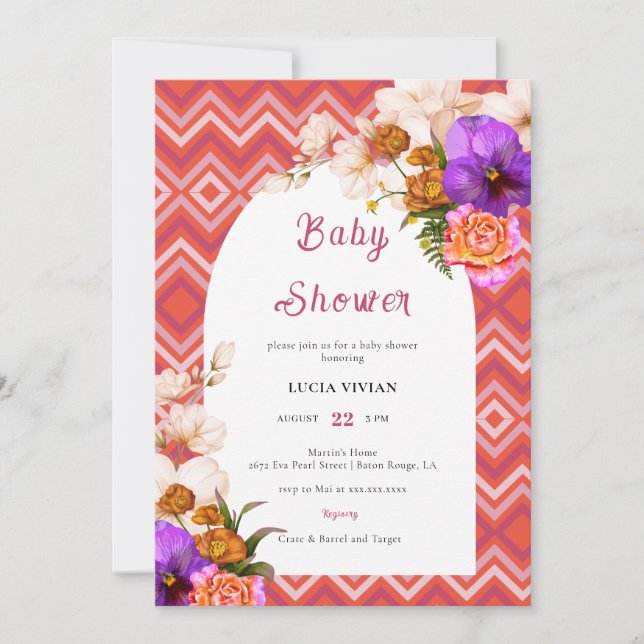 Invitación Retro Lines Floral Magenta Fuchsia Baby Shower (Anverso)