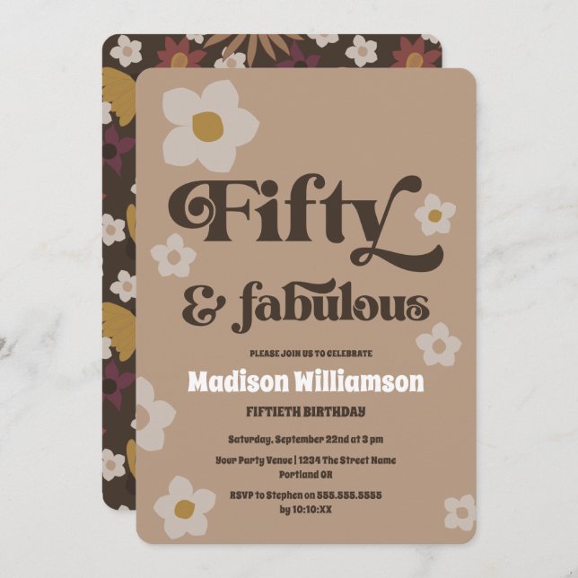 Invitación Retro los años 70 Floral 50 e invitat de cumpleaño (Anverso / Reverso)