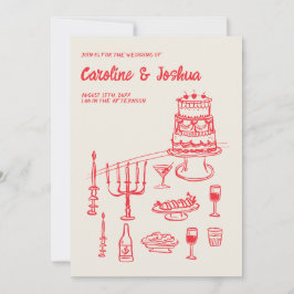 Invitación Retro Mano dibujada Red Quirky Cake Moderno Boda