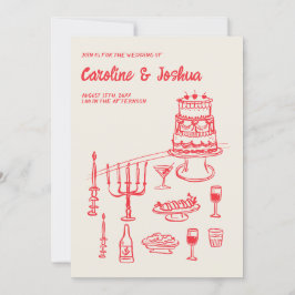 Invitación Retro Mano dibujada Red Quirky Cake Moderno Boda