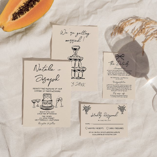 Invitación Retro Mano Dibujada Torta Escrita Quirky Boda negr (Subido por el creador)