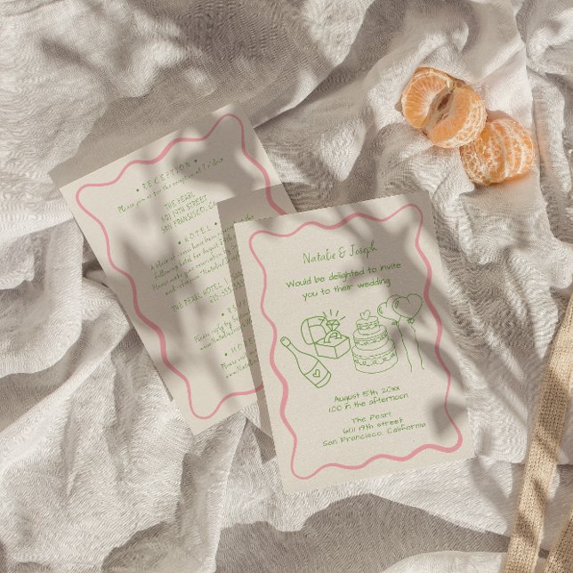 Invitación Retro Mano Dibujó Funky Moderno Todo En Un Boda (Subido por el creador)