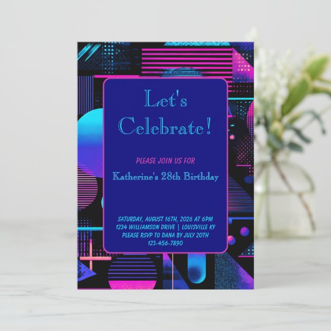 Invitación Retro Memphis Geométrico 80s 90's (Anverso de pie)