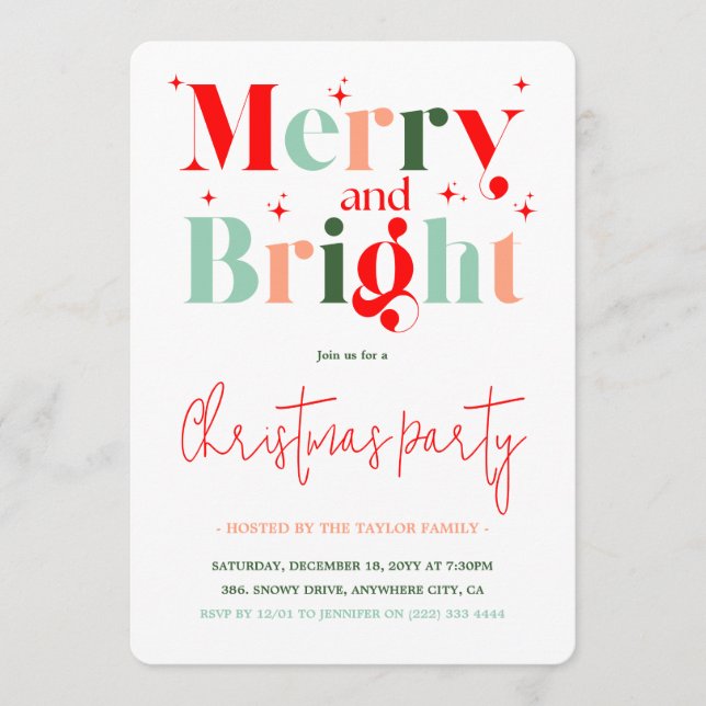 Invitación Retro Merry and Bright Christmas Party (Anverso)