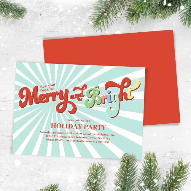 Invitación Retro Merry y Navidades brillantes Fiesta (Merry and Bright retro typography script Christmas party invitation. )