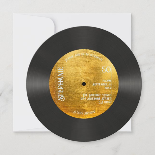 Invitación Rétro Metallic Gold Record Música 50 cumpleaños (Anverso)