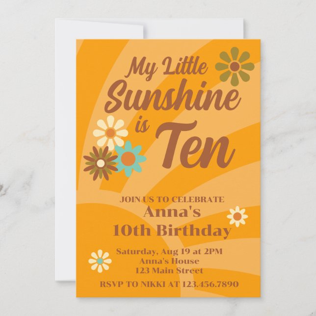 Invitación Retro Mi Pequeño Sunshine margarita 10 cumpleaños (Anverso)