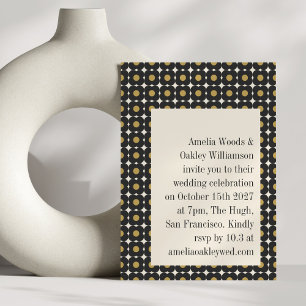 Invitación Retro Mid Century negrita Boda floral de oro negro