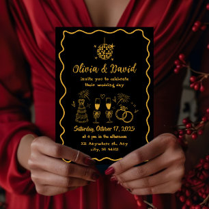 Invitación Retro minimalista dibujado a mano negro, Boda dora