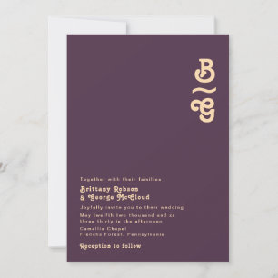 Invitación Retro moderno Boda de monograma morado oscuro