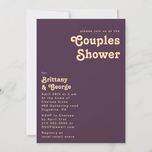 Invitación Retro moderno | Ducha de parejas moradas oscuras (Anverso)
