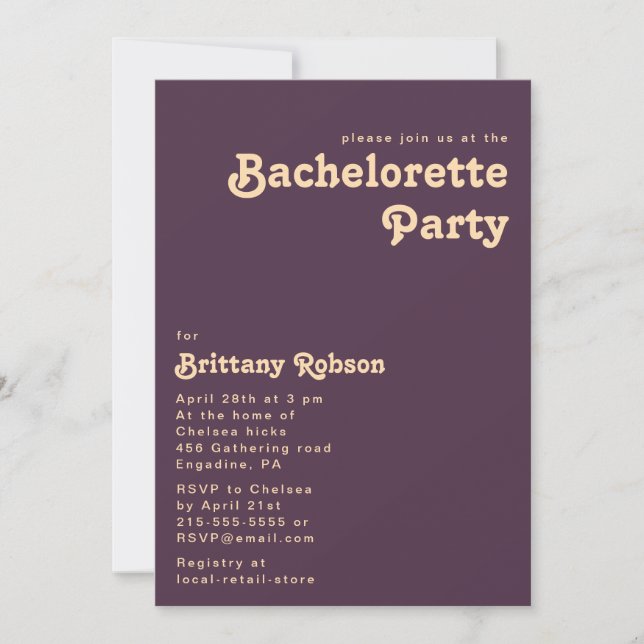 Invitación Retro moderno | Partido de la Bachelorette Púrpura (Anverso)
