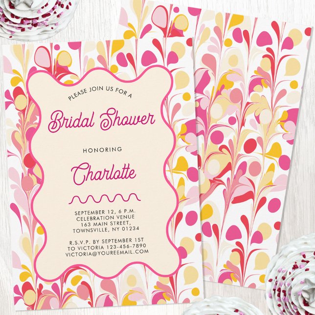 Invitación Retro moderno Resumen ducha de novia rosa (Modern abstract groovy abstract wavy personalized bridal shower invitation)