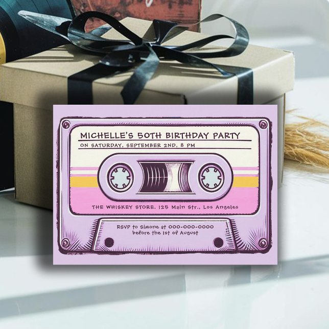 Invitación Retro Music 80s Cassette Mixtape 50th Birthday (cassette mixtape 80s nostalgia 50th birthday party women vintage retro 70s 60s fun music purple chic)