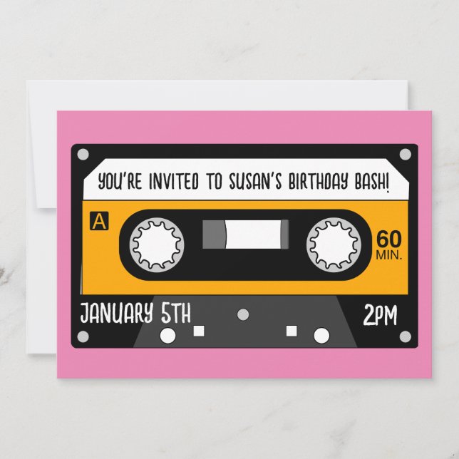 INVITACIÓN RETRO MUSIC CASSETTE PERSONALIZADOS DE CUMPLEAÑOS  (Anverso)