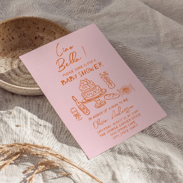 Invitación Retro Naranja mano rosa dibuja Baby Shower italian (Subido por el creador)