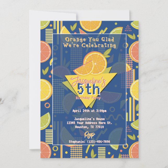 Invitación Retro Navy Blue Summer Citrus Fruit Birthday (Anverso)