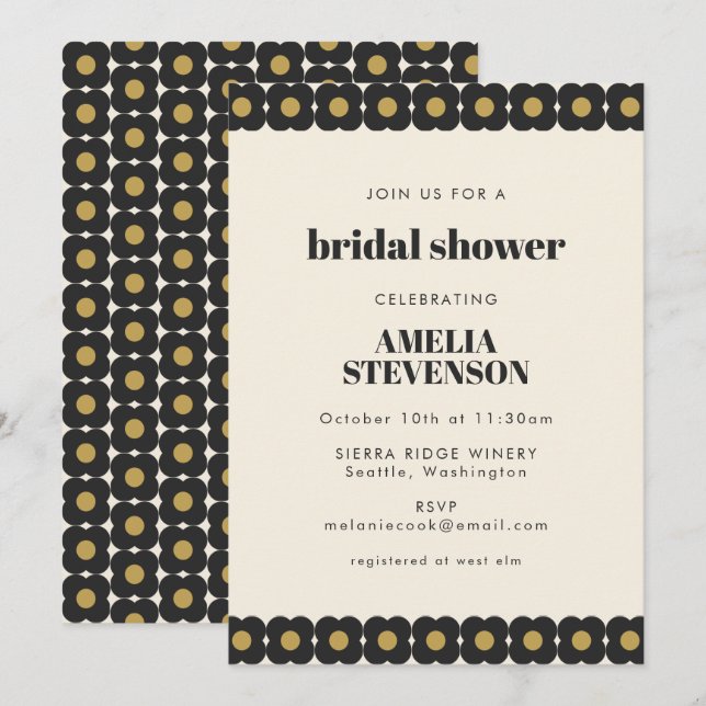 Invitación Retro Negrita Negra y Dorada Floral Bridal Shower (Anverso / Reverso)